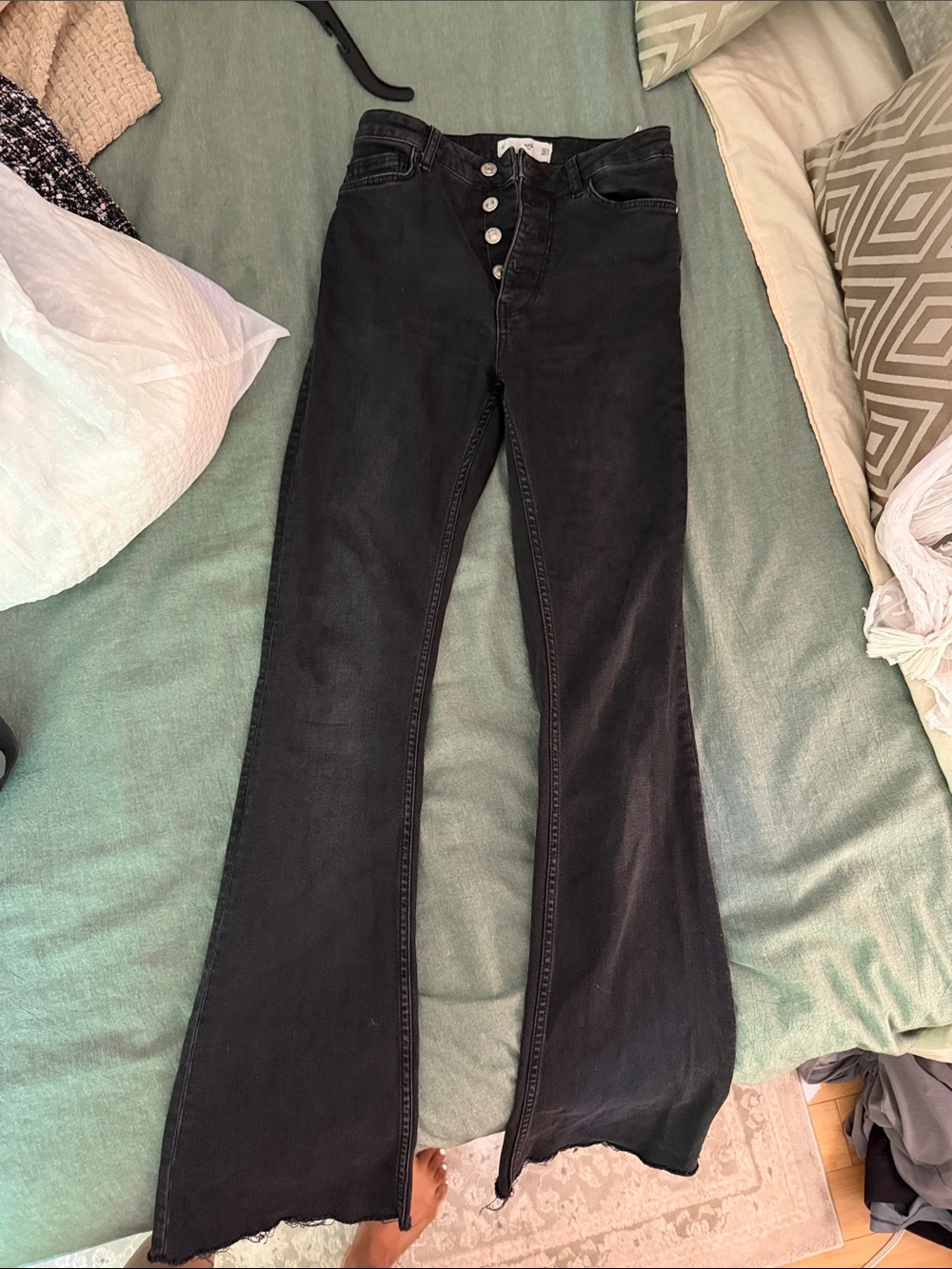 Mango Black High-Rise Button-Fly Flared Jeans